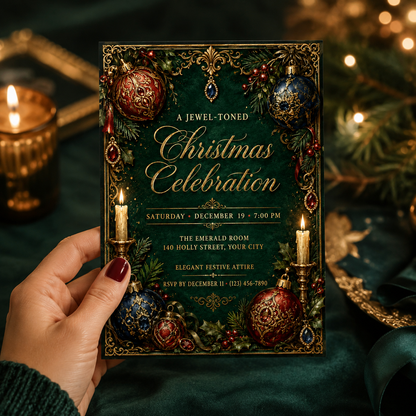 Hand holding an emerald jewel-toned Christmas celebration invitation