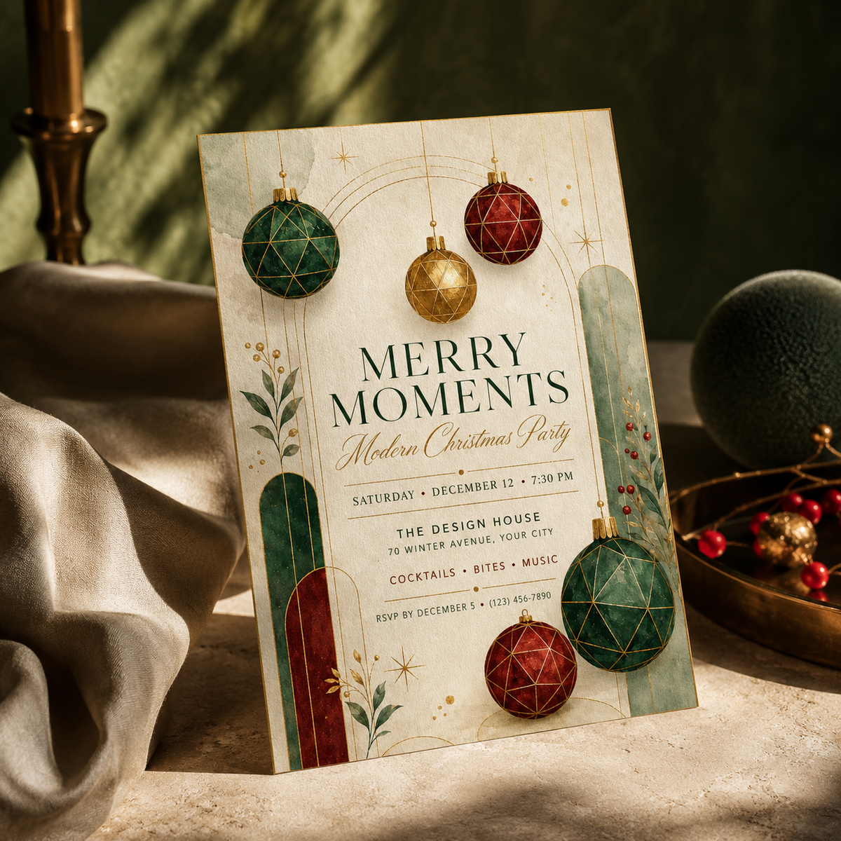 Modern Christmas party invitation on a table with ornaments