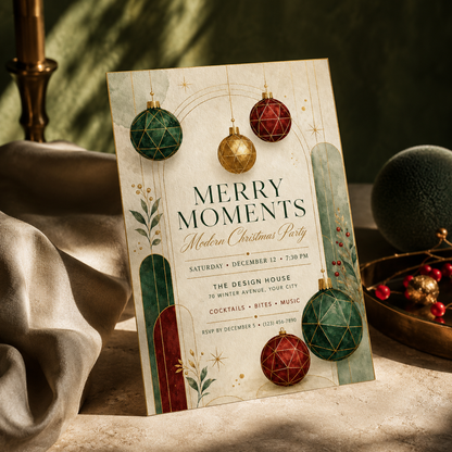 Modern Christmas party invitation on a table with ornaments