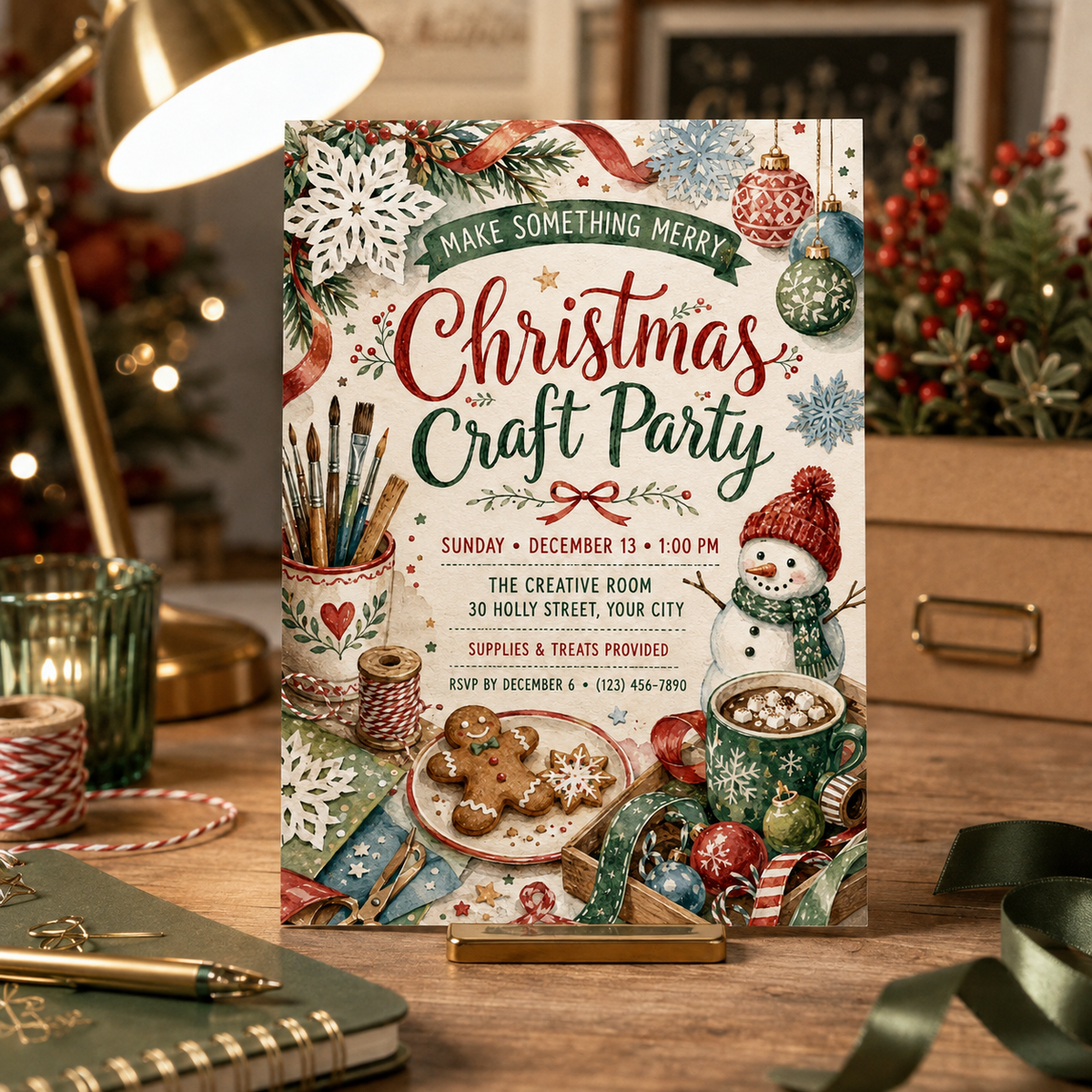 Christmas Craft Party invitation standing on a desk under a lamp