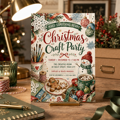 Christmas Craft Party invitation standing on a desk under a lamp
