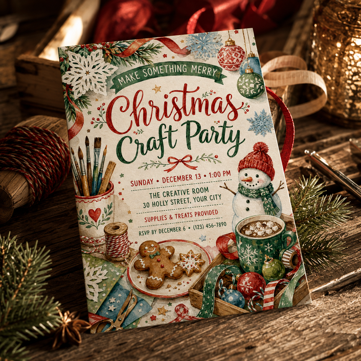 Christmas Craft Party invitation on a table with gingerbread and twine