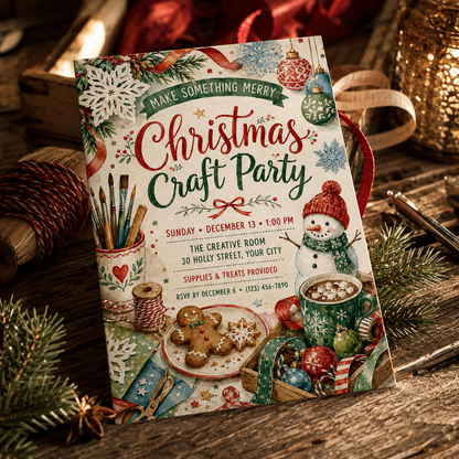 Christmas Craft Party invitation on a table with gingerbread and twine