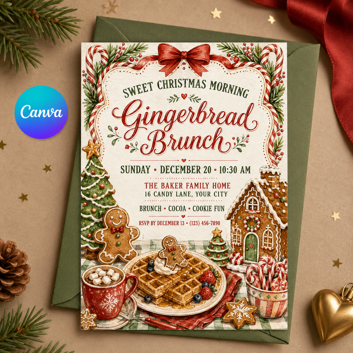 Gingerbread Brunch invitation with green envelope