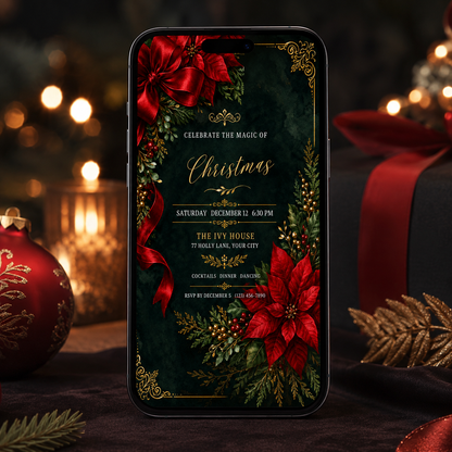 Poinsettia Christmas invitation shown on a phone