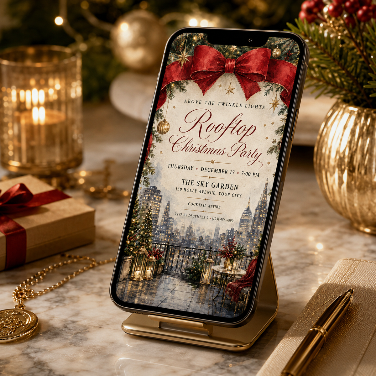 Rooftop Christmas invitation on a phone standing on a desk