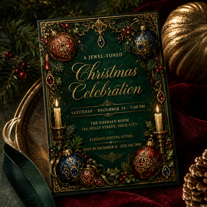 Emerald Christmas celebration invitation on velvet with gold ornaments