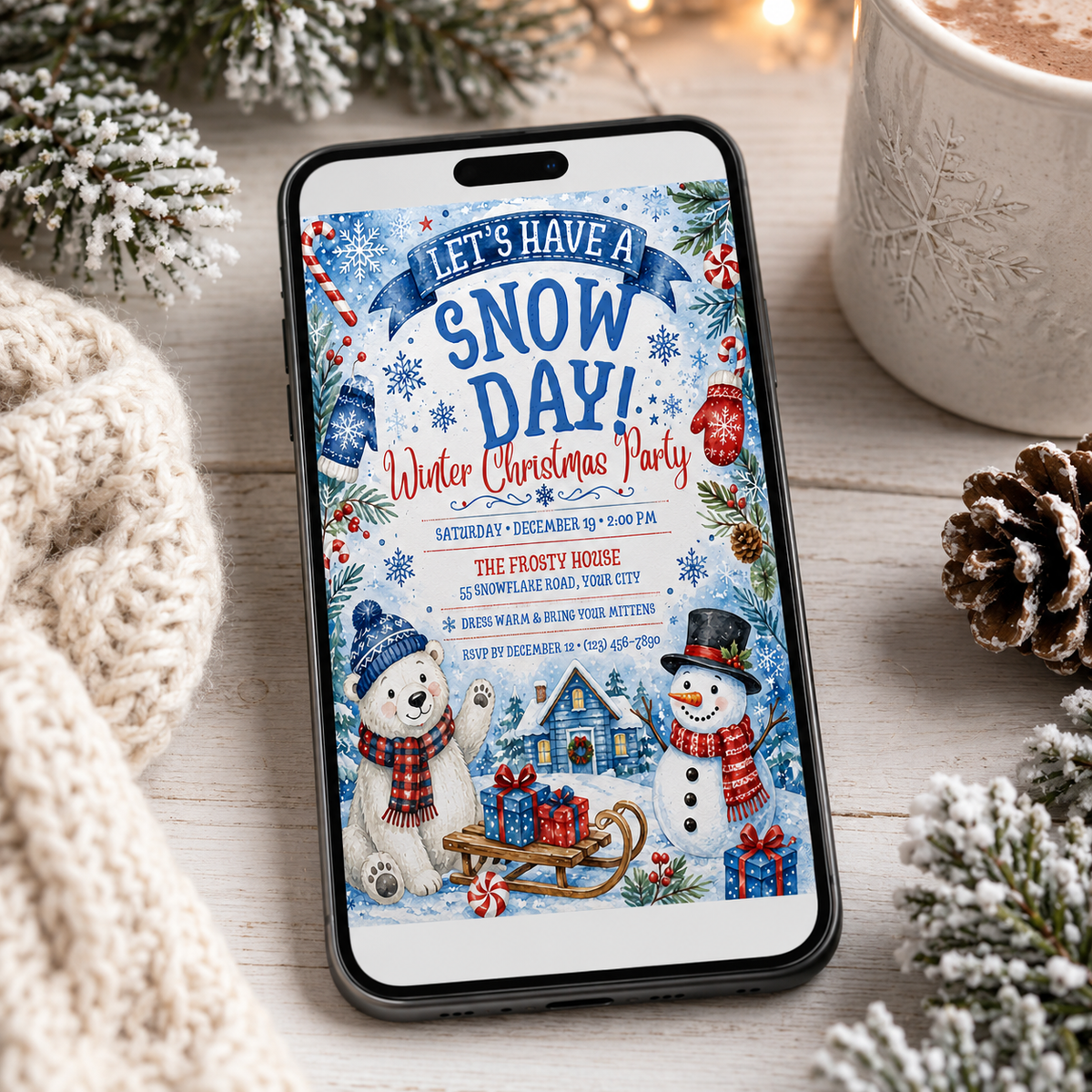 Snow Day invitation shown on a phone