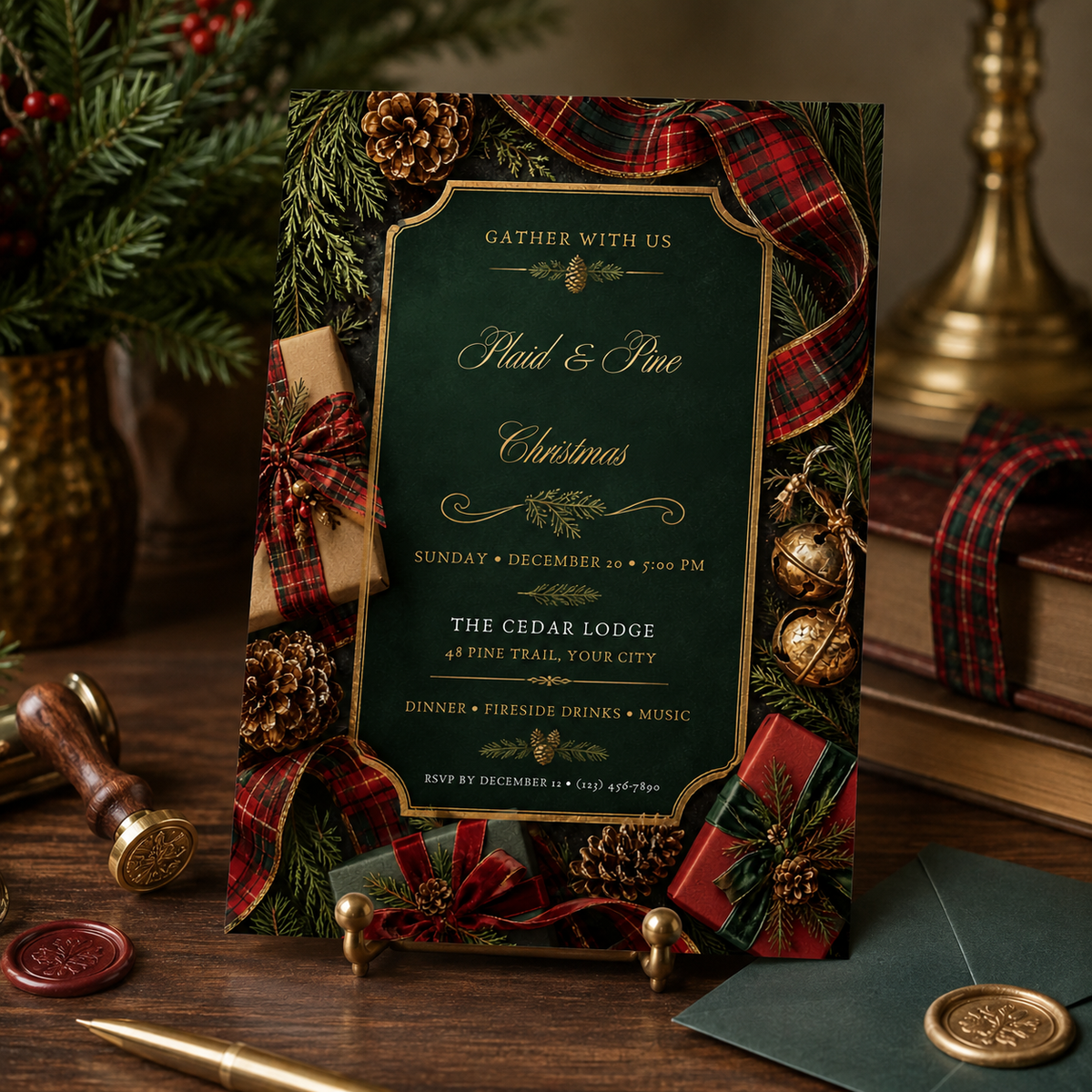 Plaid and Pine invitation standing on a table with tartan ribbon and candles