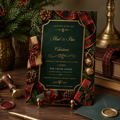 Plaid and Pine invitation standing on a table with tartan ribbon and candles
