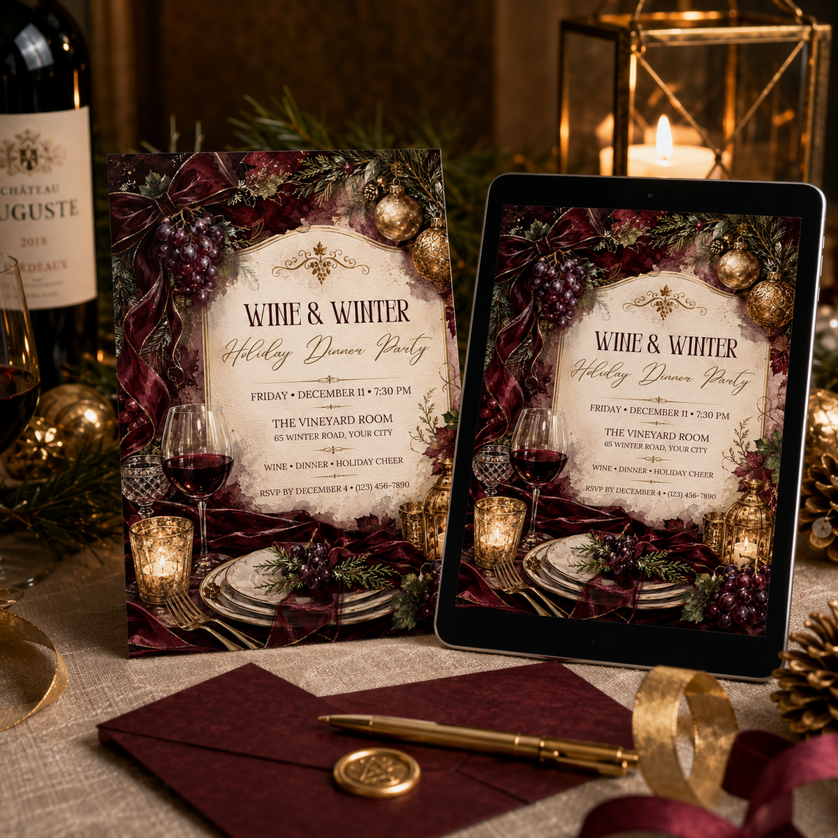 Wine and Winter invitation as a printed card beside a tablet