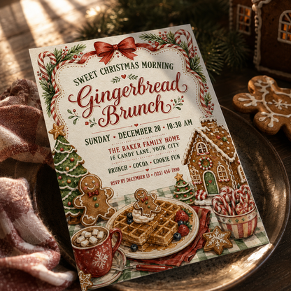 Gingerbread Brunch invitation on a table with cookies and cocoa