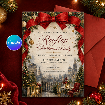 Rooftop Christmas invitation with red envelope