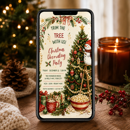 Trim the Tree invitation shown on a phone