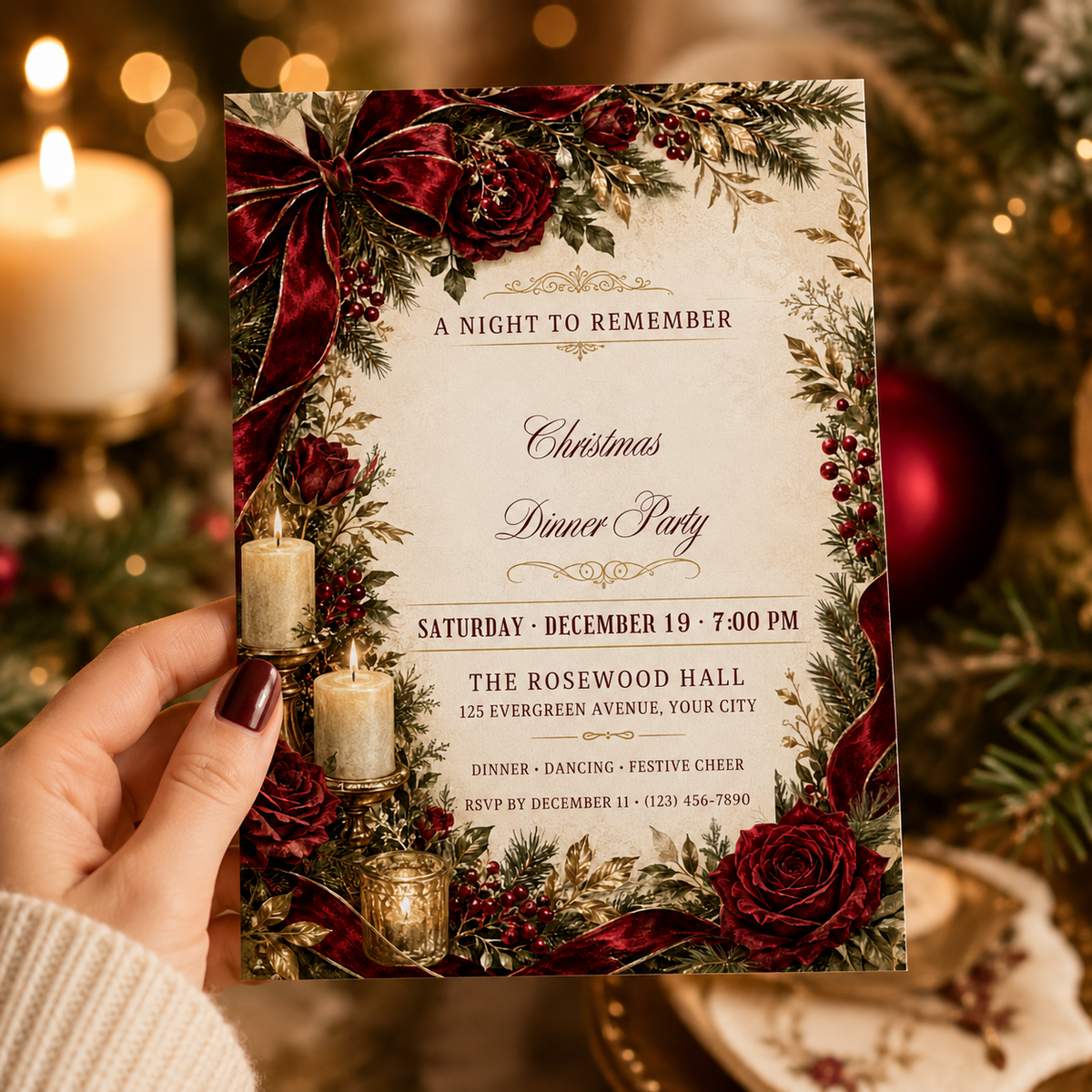 Hand holding a burgundy rose Christmas dinner party invitation by candlelight