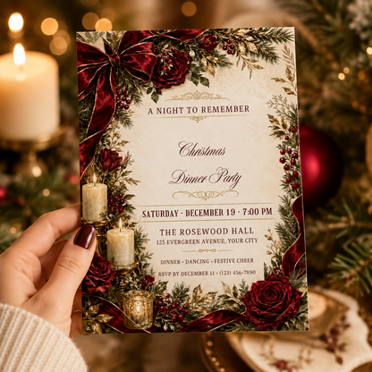 Hand holding a burgundy rose Christmas dinner party invitation by candlelight