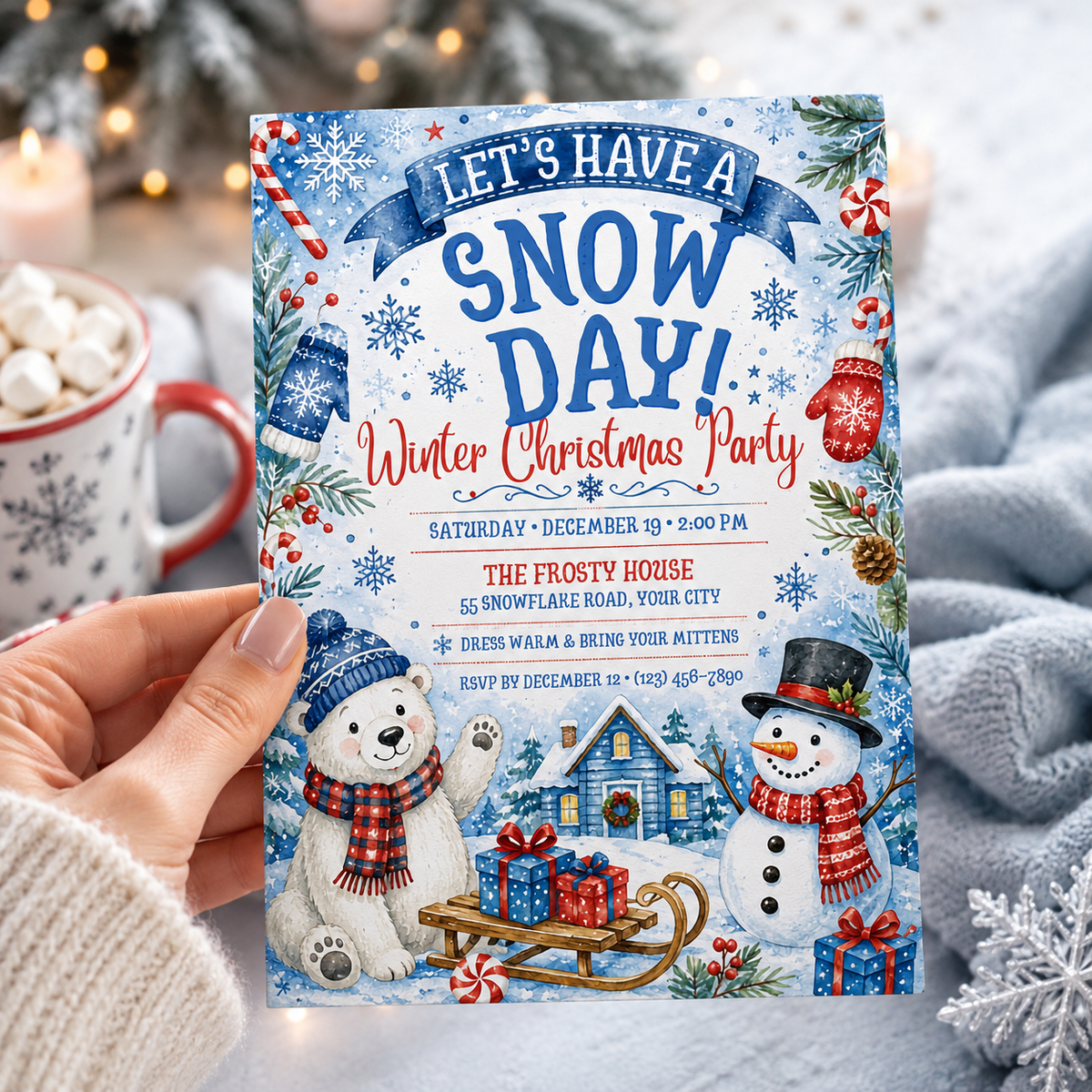 Hand holding a blue Snow Day winter Christmas party invitation