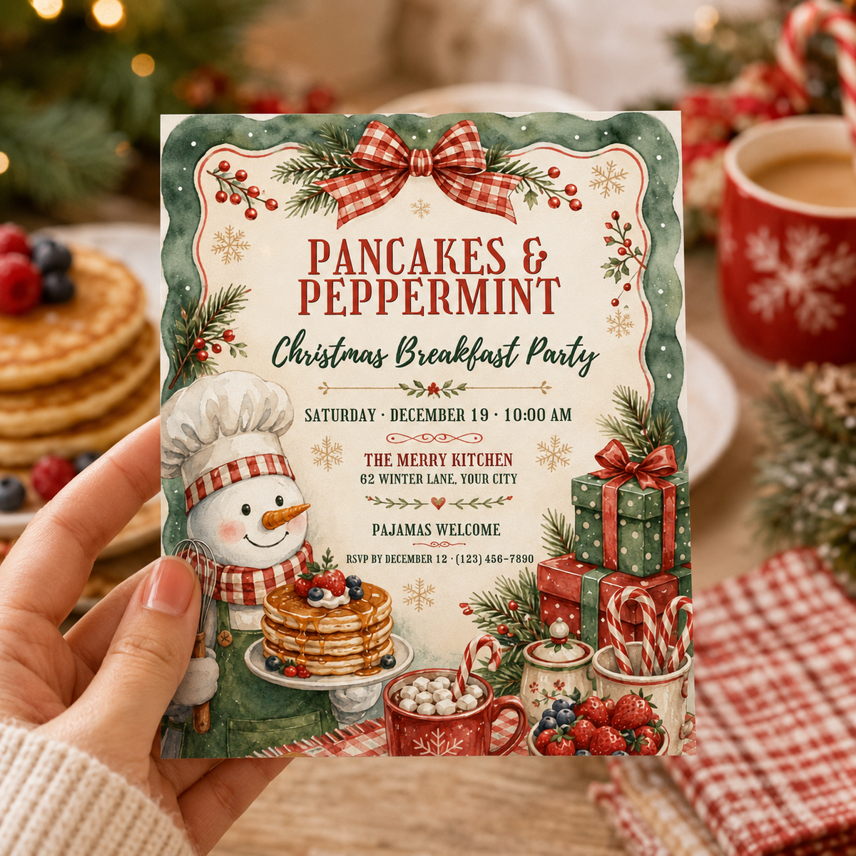 Hand holding a Pancakes and Peppermint Christmas breakfast invitation