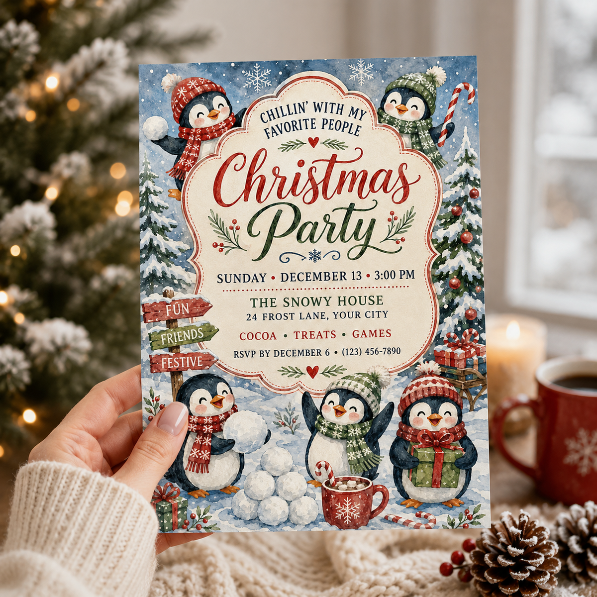Hand holding a penguin Christmas party invitation by a Christmas tree