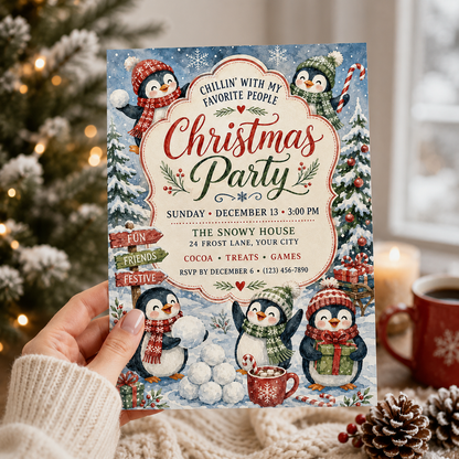 Hand holding a penguin Christmas party invitation by a Christmas tree