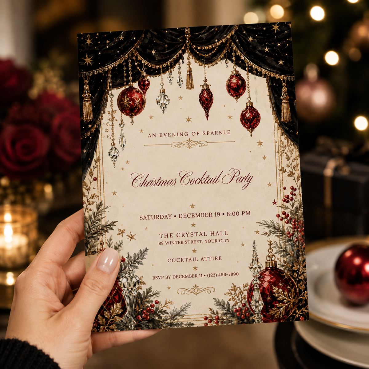 Hand holding a Christmas Cocktail Party invitation with a velvet curtain