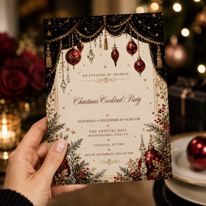 Hand holding a Christmas Cocktail Party invitation with a velvet curtain