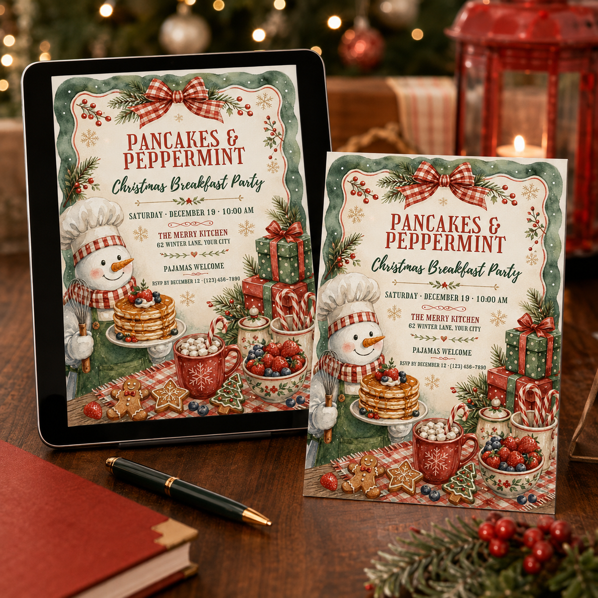 Pancakes and Peppermint invitation as a printed card beside a tablet