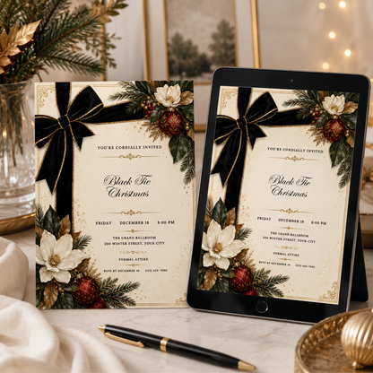 Black Tie Christmas invitation as a printed card beside a tablet
