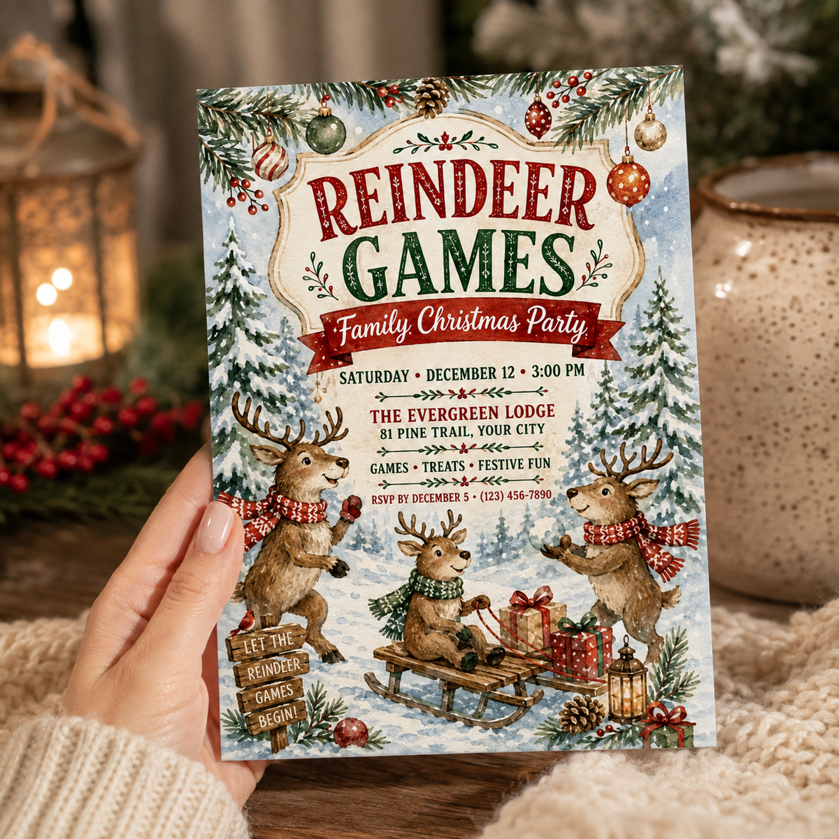 Hand holding a Reindeer Games family Christmas party invitation