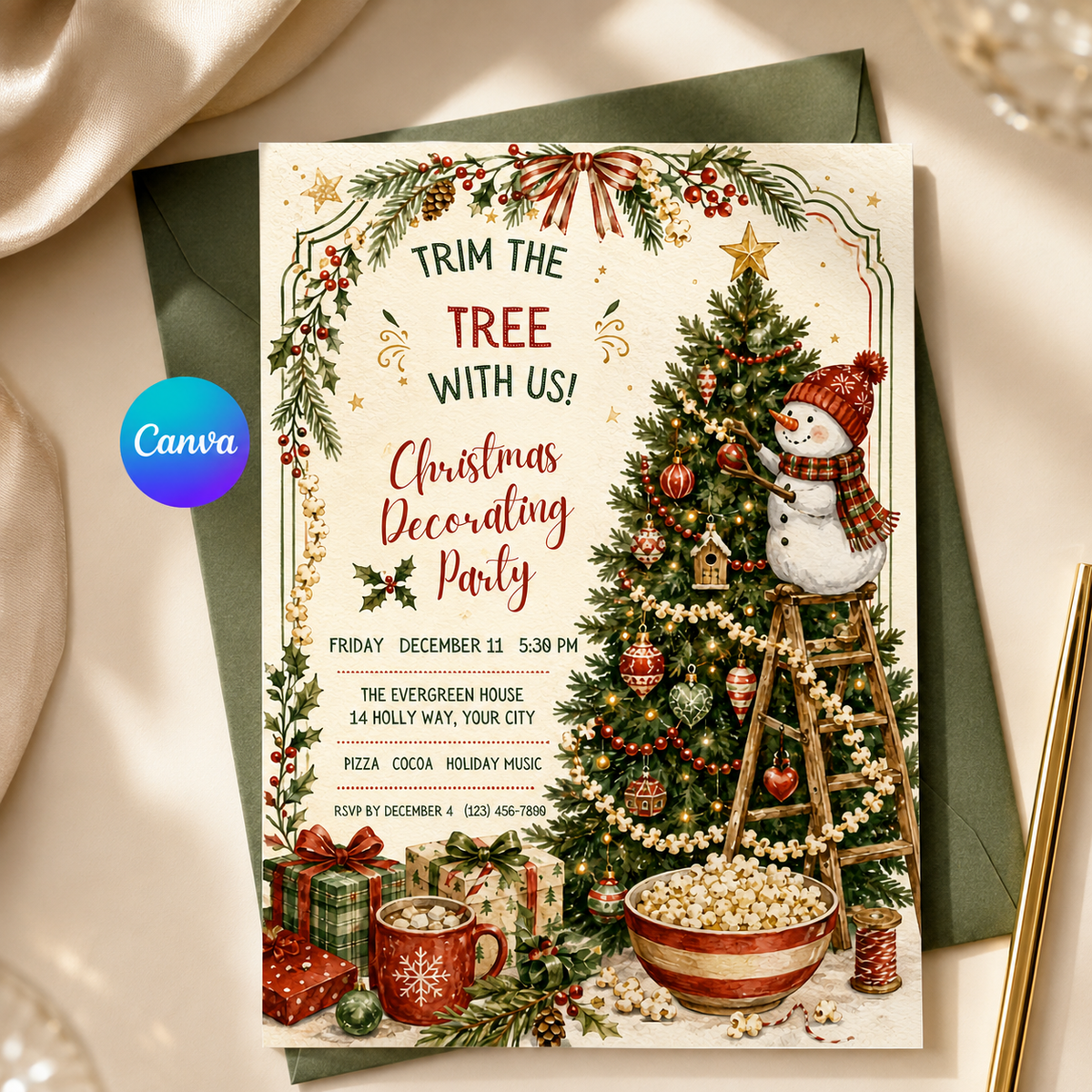 Trim the Tree invitation with green envelope