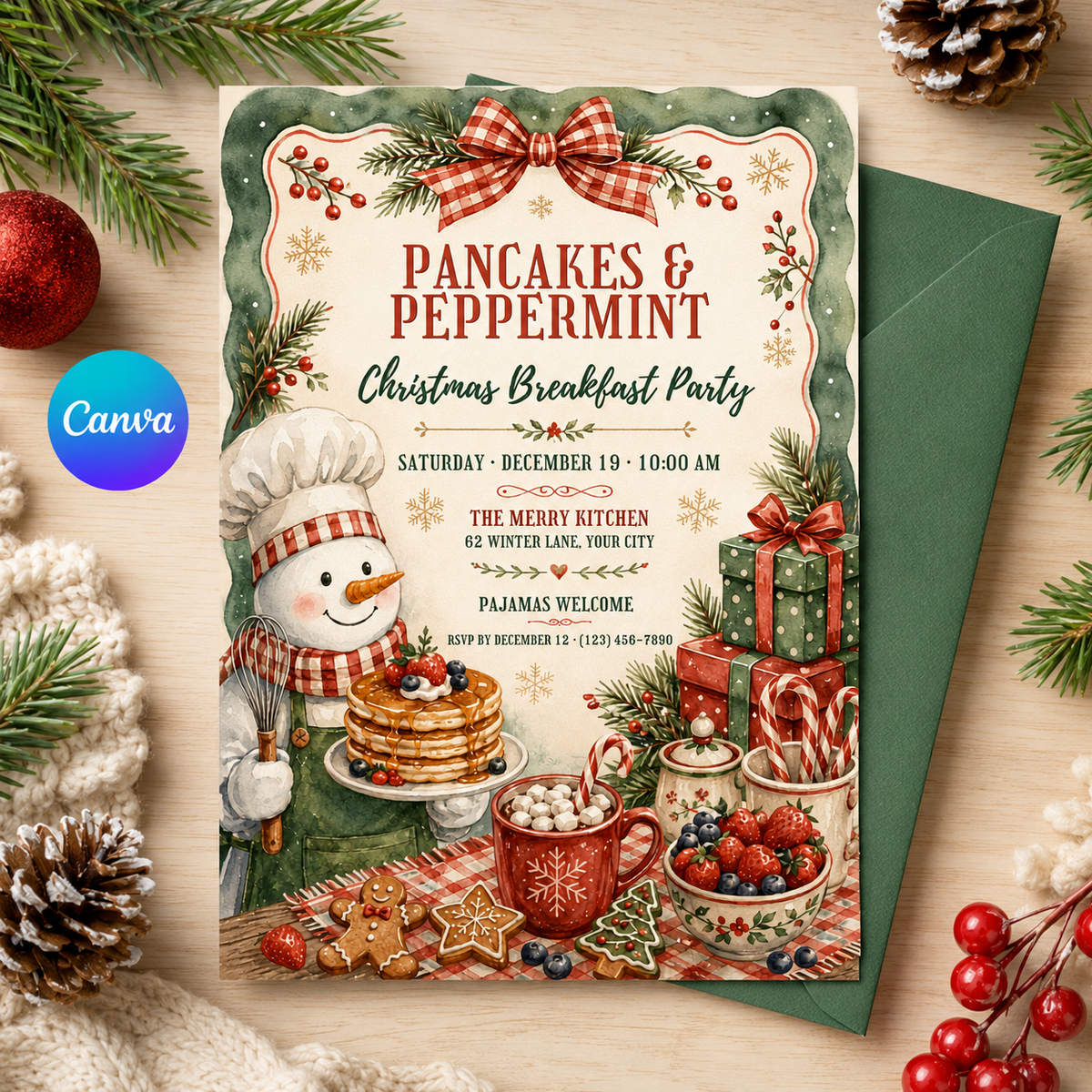 Pancakes and Peppermint invitation with green envelope