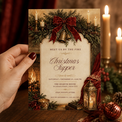 Hand holding a cream Christmas Supper invitation with a red bow