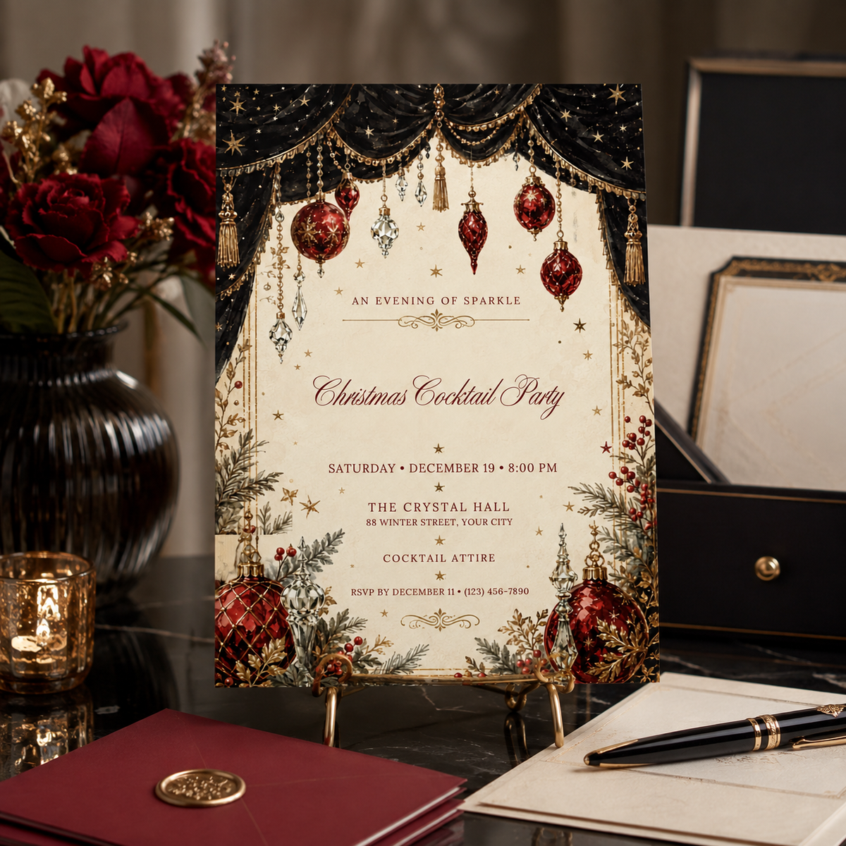 Christmas Cocktail Party invitation standing on a desk beside a pen