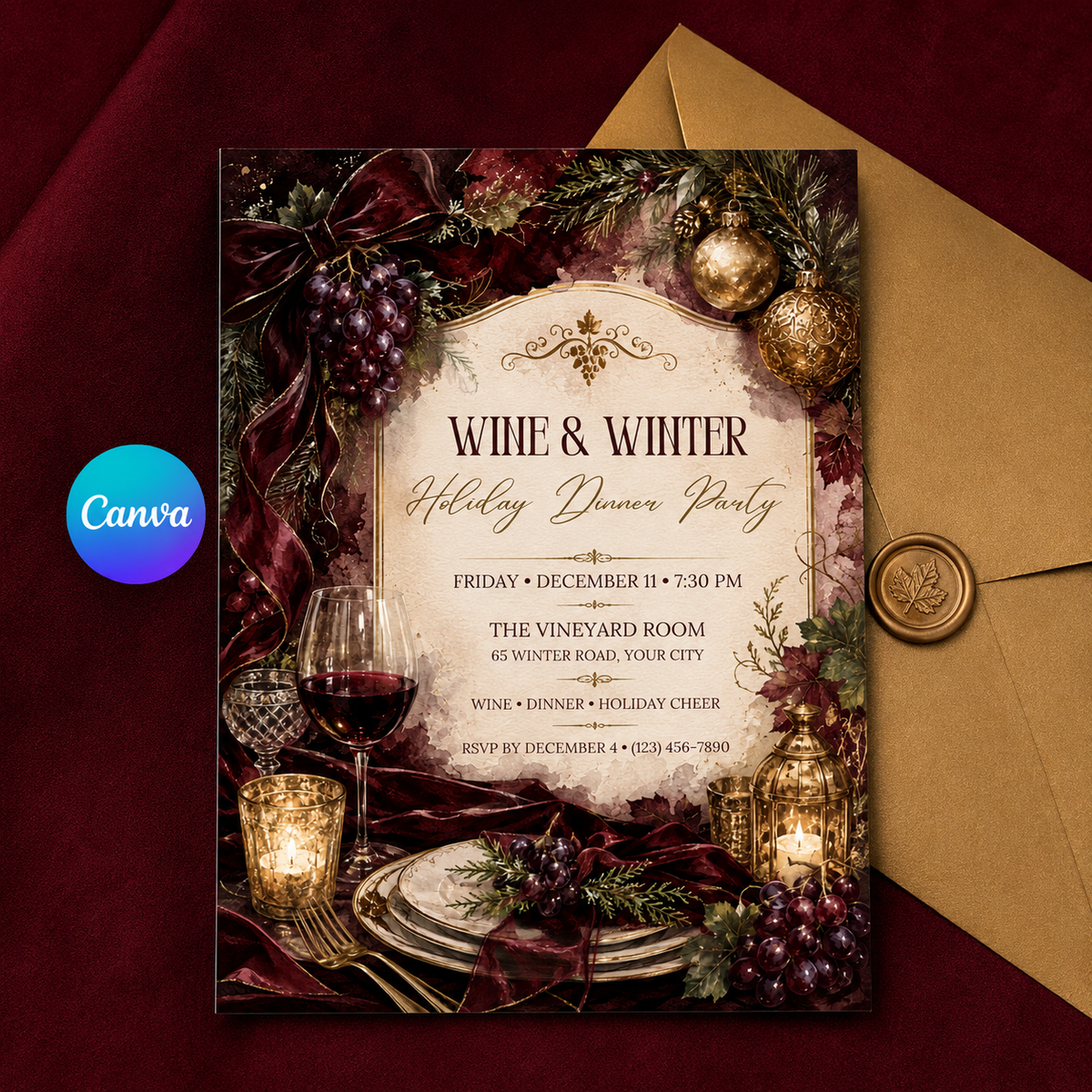 Wine and Winter invitation with gold envelope