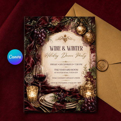 Wine and Winter invitation with gold envelope