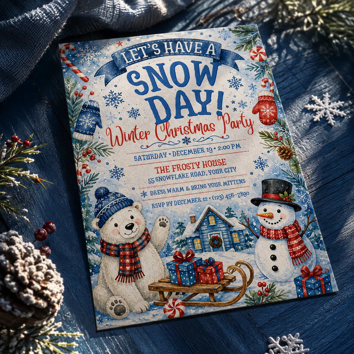 Snow Day invitation on a navy cloth with pinecones