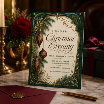 Timeless Christmas Evening invitation standing beside a wax seal