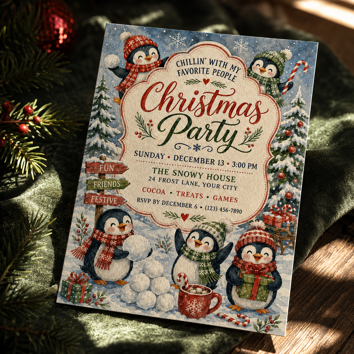 Penguin Christmas invitation on a table with pine and ornaments