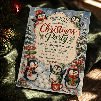 Penguin Christmas invitation on a table with pine and ornaments