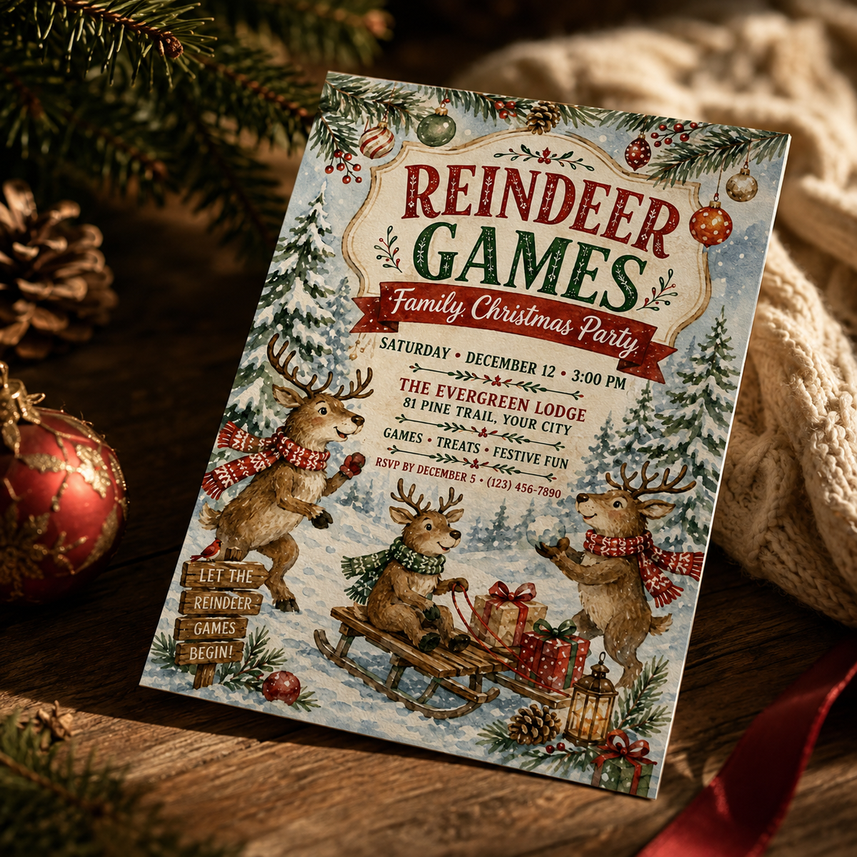 Reindeer Games invitation on a table with pinecones and baubles
