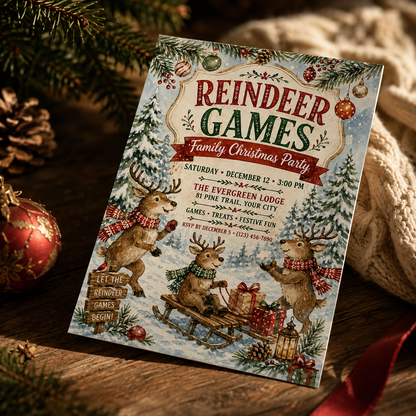 Reindeer Games invitation on a table with pinecones and baubles