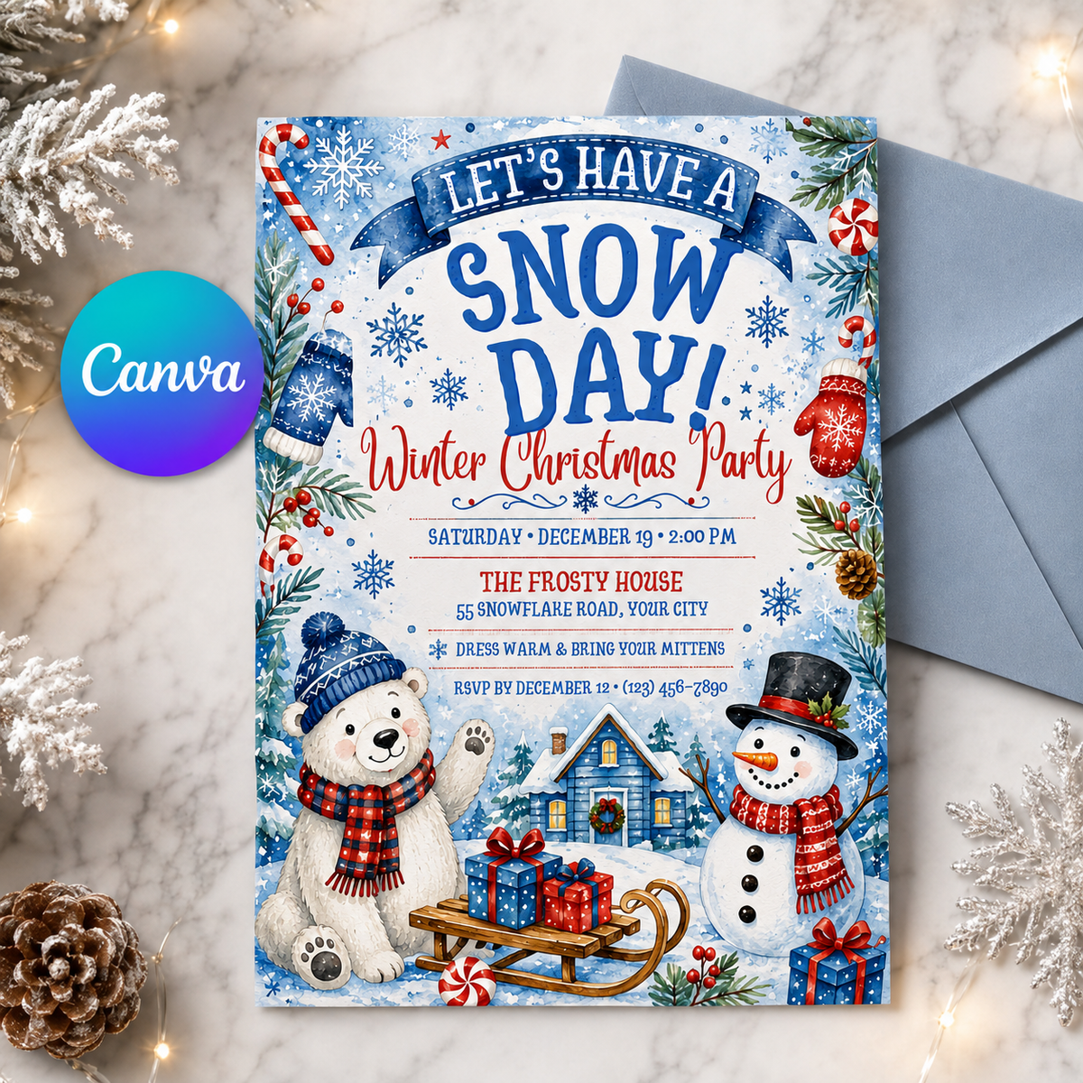 Snow Day invitation with blue envelope