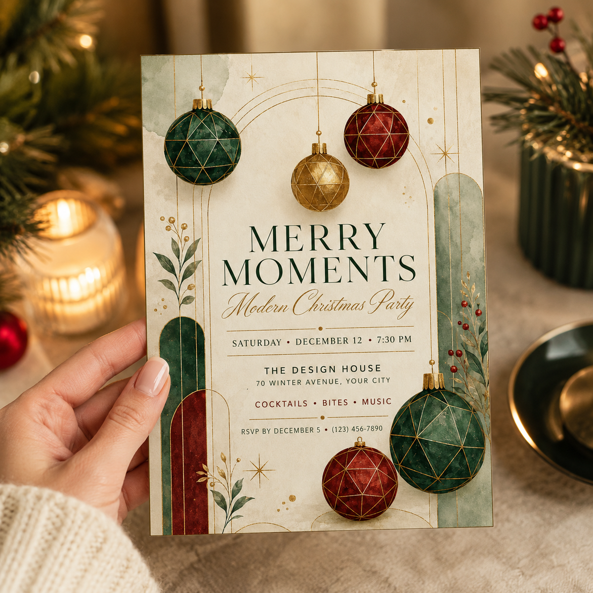 Hand holding a Merry Moments modern Christmas party invitation