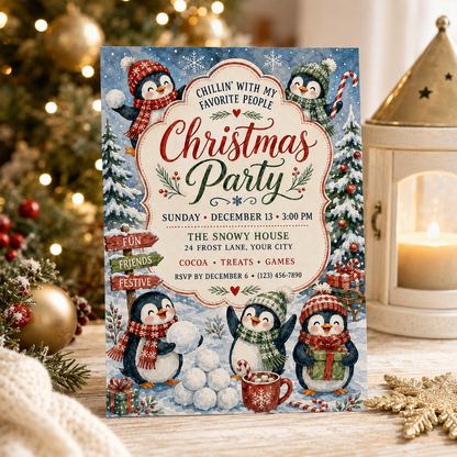Penguin Christmas party invitation standing beside a lantern