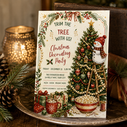 Trim the Tree invitation standing on a tray with ornaments