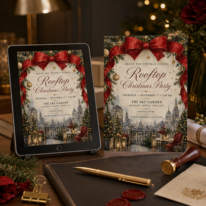 Rooftop Christmas invitation as a printed card beside a tablet