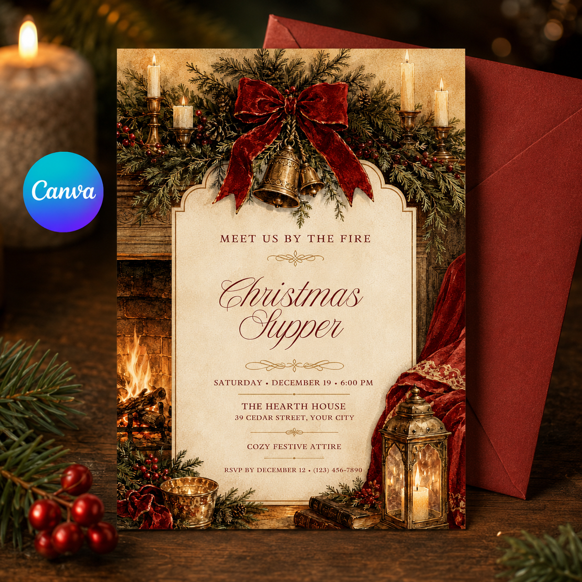 Christmas Supper invitation with red envelope