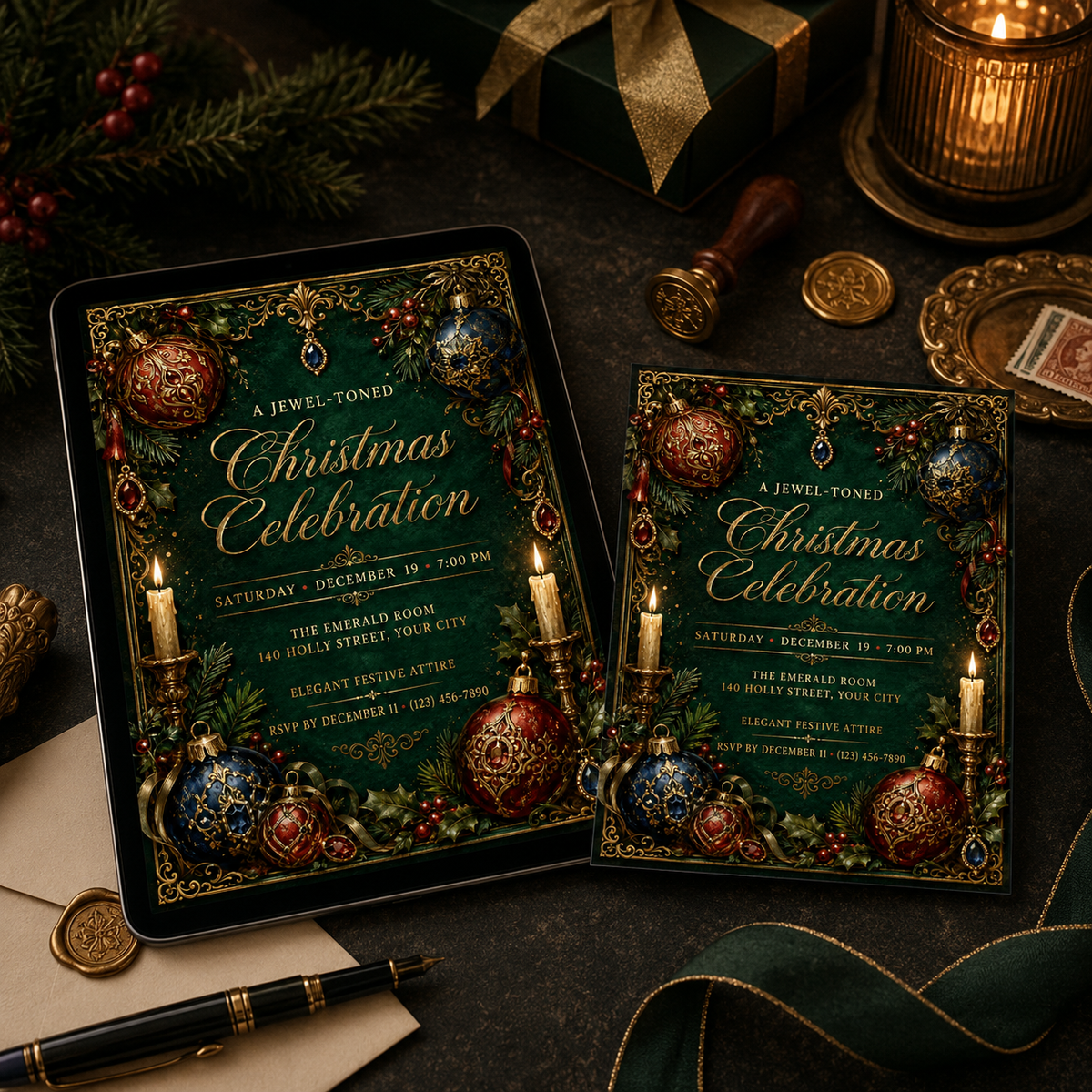 Jewel-toned Christmas invitation as a printed card beside a tablet