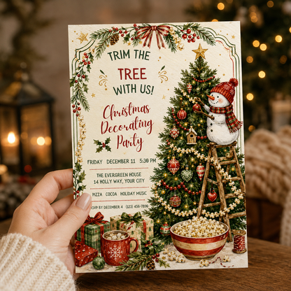 Hand holding a Trim the Tree Christmas decorating party invitation