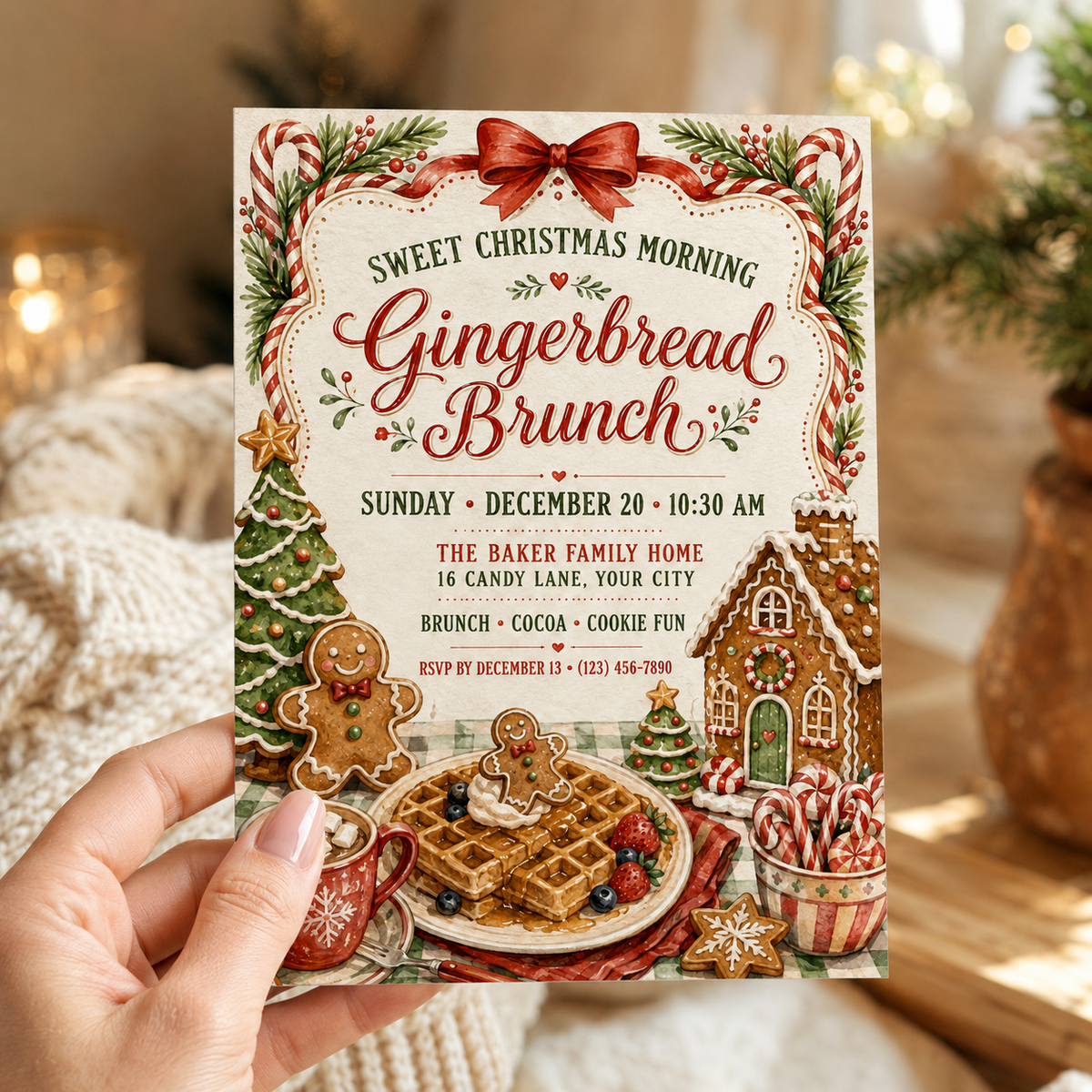 Hand holding a Gingerbread Brunch Christmas invitation